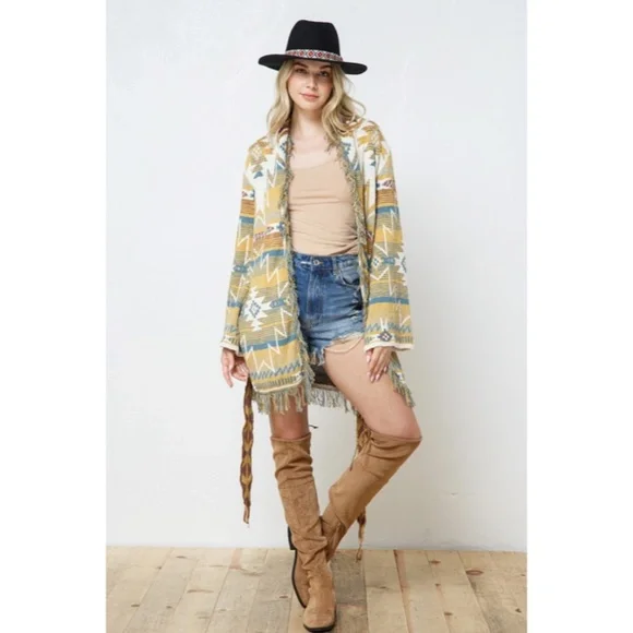 SOLD OUT Mustard Fringe Western Native Aztec Belted Tie Knit Cardigan Sweater - Picture 3 of 9